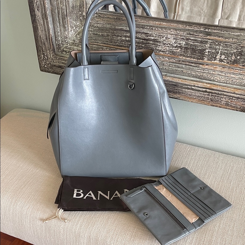Banana Republic Steel Gray Leather Tote with Matching Wallet